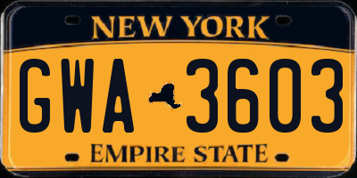 NY license plate GWA3603