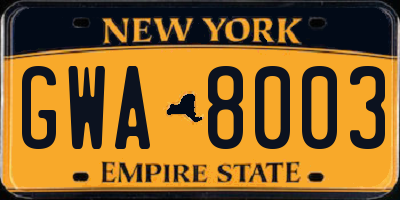 NY license plate GWA8003