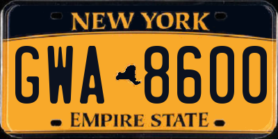 NY license plate GWA8600