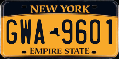 NY license plate GWA9601