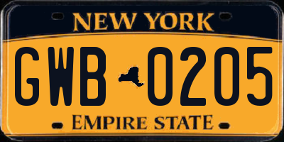 NY license plate GWB0205