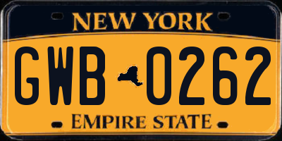 NY license plate GWB0262