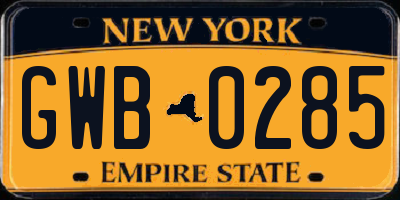 NY license plate GWB0285