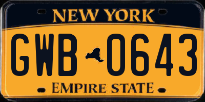 NY license plate GWB0643