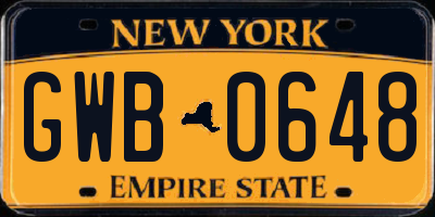 NY license plate GWB0648