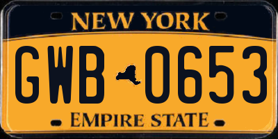 NY license plate GWB0653