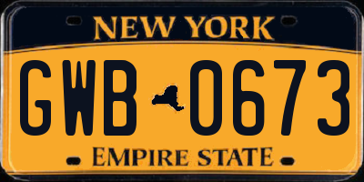 NY license plate GWB0673