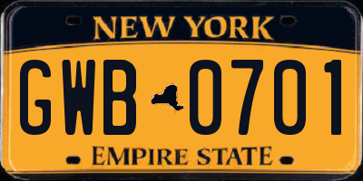 NY license plate GWB0701