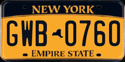 NY license plate GWB0760