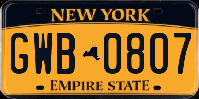 NY license plate GWB0807