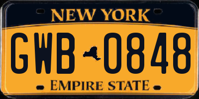 NY license plate GWB0848