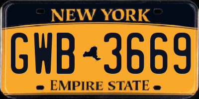 NY license plate GWB3669