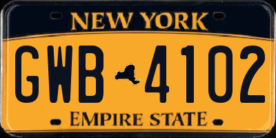 NY license plate GWB4102