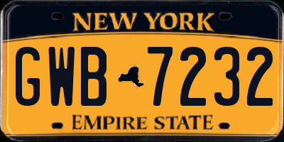 NY license plate GWB7232