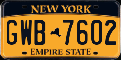 NY license plate GWB7602