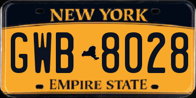 NY license plate GWB8028