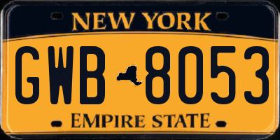 NY license plate GWB8053
