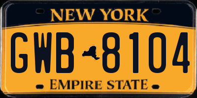 NY license plate GWB8104