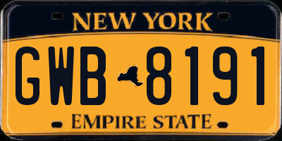 NY license plate GWB8191