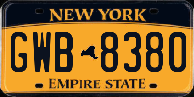 NY license plate GWB8380