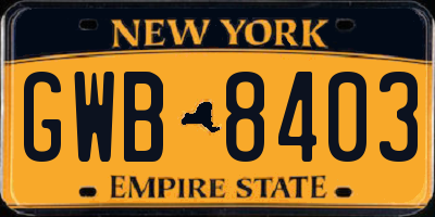 NY license plate GWB8403