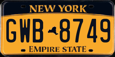 NY license plate GWB8749