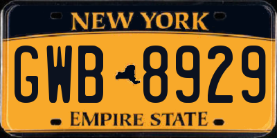 NY license plate GWB8929