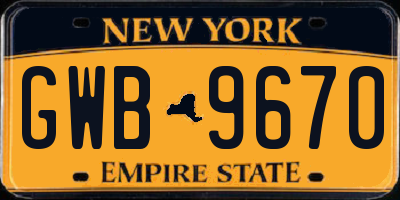 NY license plate GWB9670