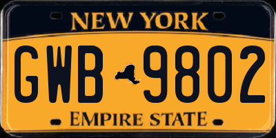 NY license plate GWB9802