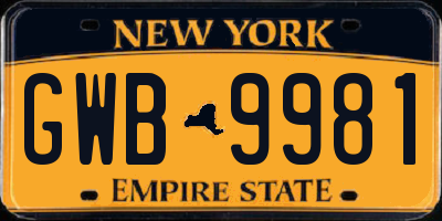 NY license plate GWB9981