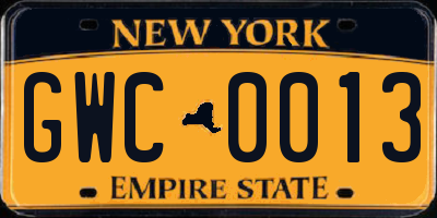 NY license plate GWC0013