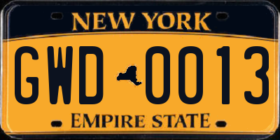 NY license plate GWD0013