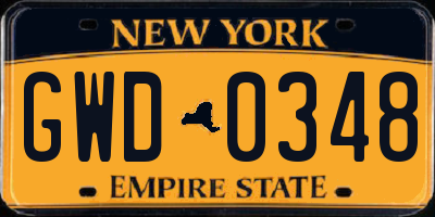 NY license plate GWD0348