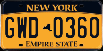 NY license plate GWD0360