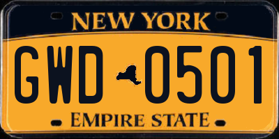 NY license plate GWD0501