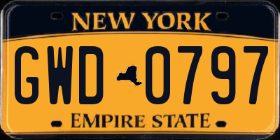 NY license plate GWD0797