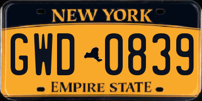 NY license plate GWD0839