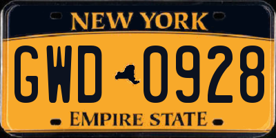 NY license plate GWD0928