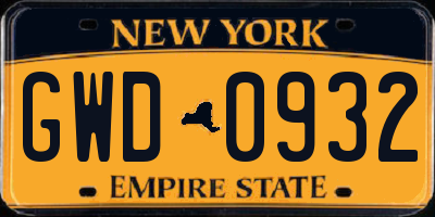 NY license plate GWD0932