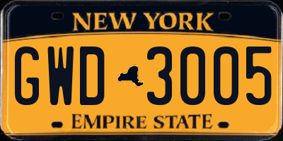 NY license plate GWD3005