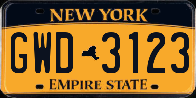 NY license plate GWD3123