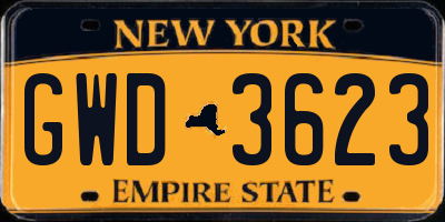 NY license plate GWD3623