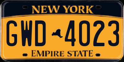 NY license plate GWD4023