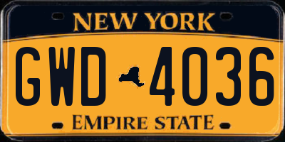 NY license plate GWD4036