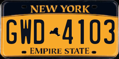 NY license plate GWD4103