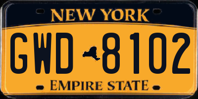 NY license plate GWD8102