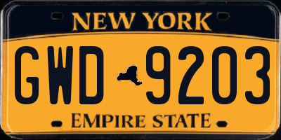 NY license plate GWD9203