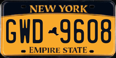 NY license plate GWD9608