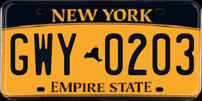 NY license plate GWY0203