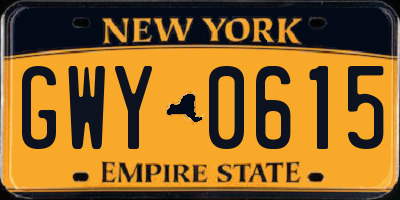 NY license plate GWY0615